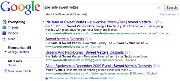 "pie sale sweet vettes" Seach Engine Results Page